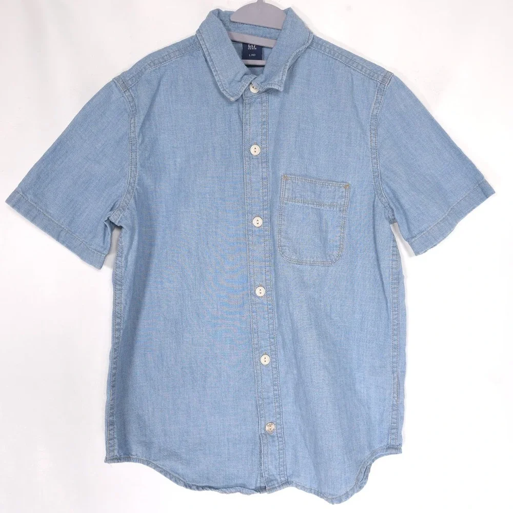 GAP Denim Shirt Kids Boys 10‎ Short Sleeve Button Up Light Blue 100% Cotton